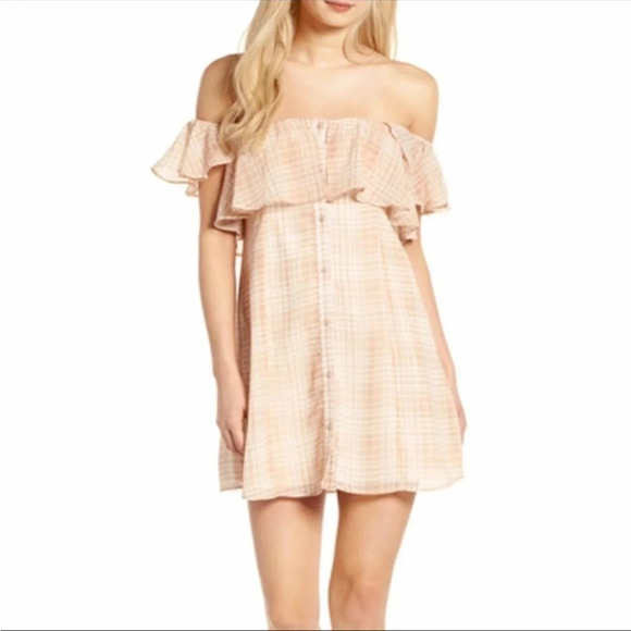 Privacy Please Norval Plaid Ruffle Off-Shoulder Mini Dress Coquette Flowy Chic M - Picture 10 of 11